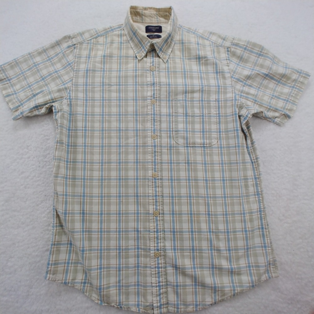 Vintage Dockers Mens SizeMedium Plaid Beige Blue Short Sleeve Button Shirt
